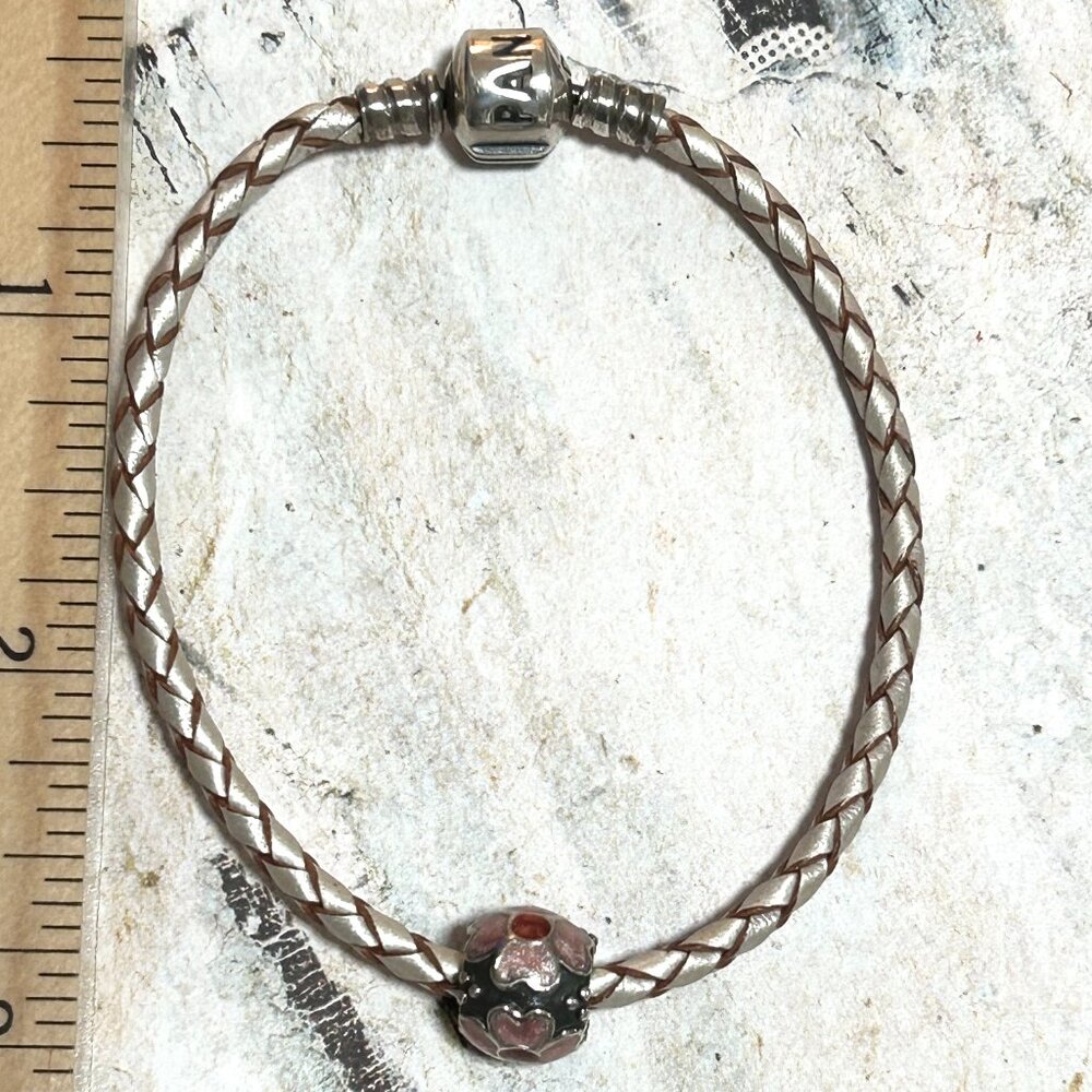 Pandora Sterling Silver Braided Leather Bracelet With Floral Pink Enamel Charm
